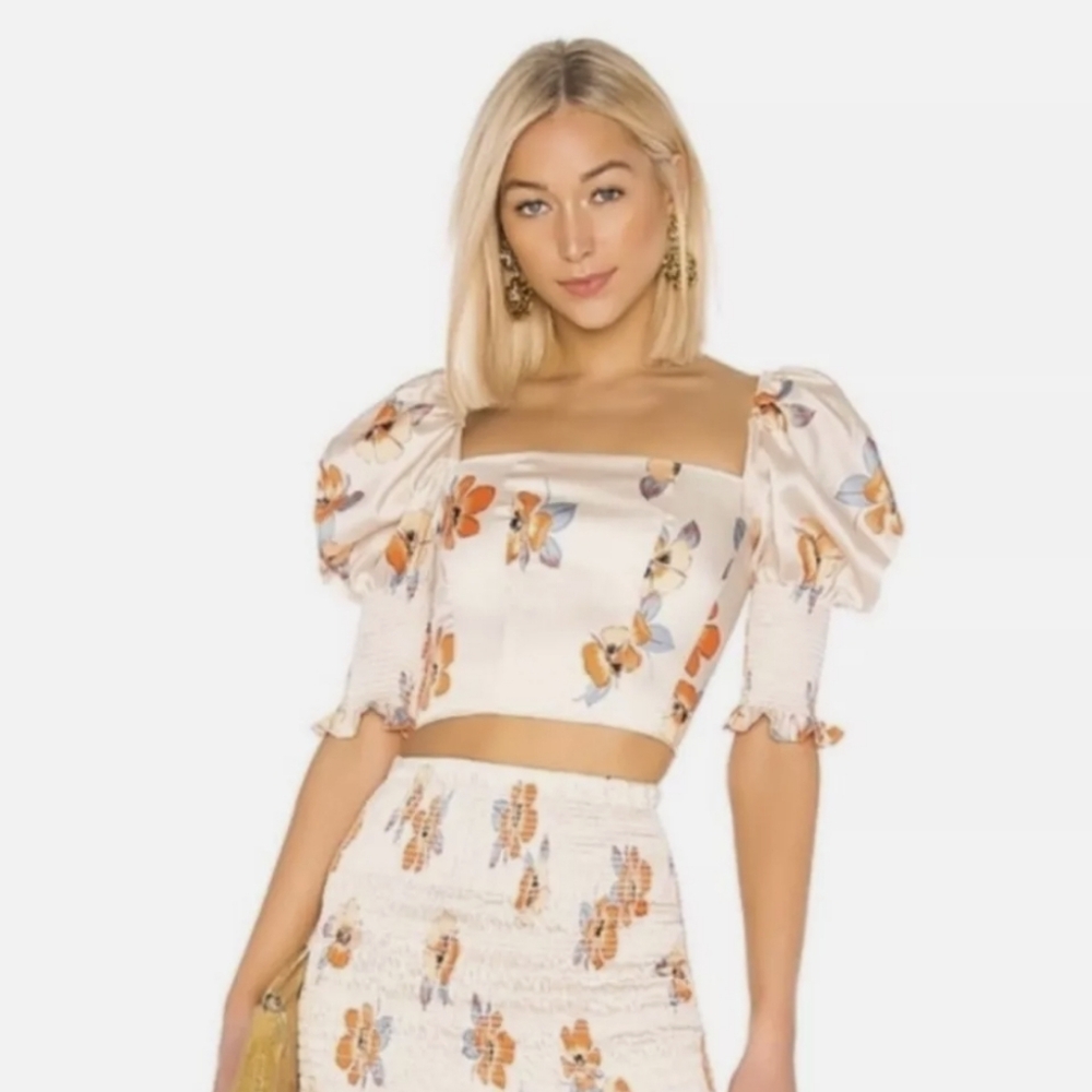 NWT Nicholas Lace Up Puff Sleeve Floral Bustier Crop Top In Orange & Cream - M/L